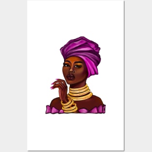 side eye Queen  Black is beautiful black girl with Gold bangles, neck ring necklace, purple dress and head wrap, brown eyes and dark brown skin ! Posters and Art